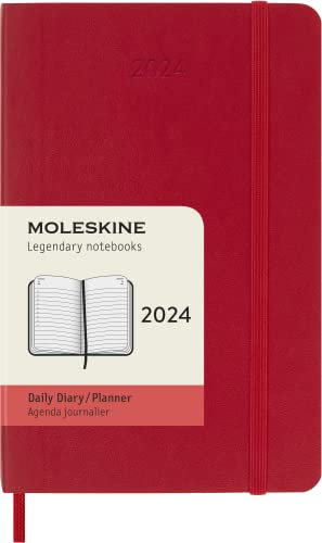 Moleskine Tagesplaner 12 Monate 2024, Planer 2024, Pocket Format 9x14, Weicher Einband und elastischer Verschluss, Scharlachroter Farbton