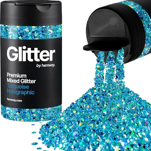 Hemway Turquoise Holographic Mix Glitter Shaker, 110g Mixed Size Glitter | for Resin & Epoxy Crafts for Decorating, Halloween, Christmas, Nail, Face, Art