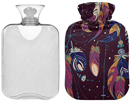 Native American Indian Feathers Beads Hot Water Bottle with Cover, Hot Bag for Neck and Shoulder Pain Relief, Period Warmer for Cramps 1L