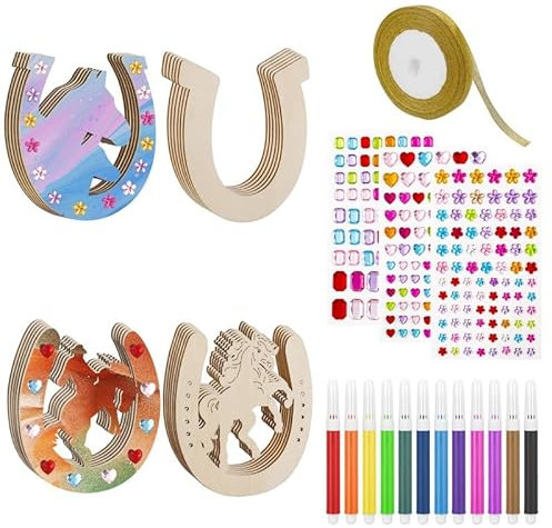 Heyu-Lotus 40 Stück Hufeisen Holz Kindergeburtstag,Holz Hufeisen Basteln, Scheiben Hufeisen mit Aquarellstift, Strasssteine Sticker, Glitzerbändern,für DIY Handwerk,Jungen Mädchen Geburtstagsdeko