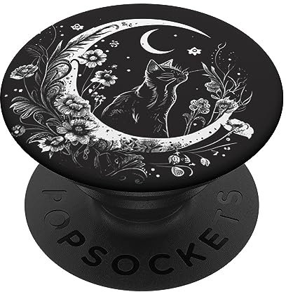 Katze sitzt auf Halbmond Blumen Sterne Zeichnung PopSockets Klebender PopGrip