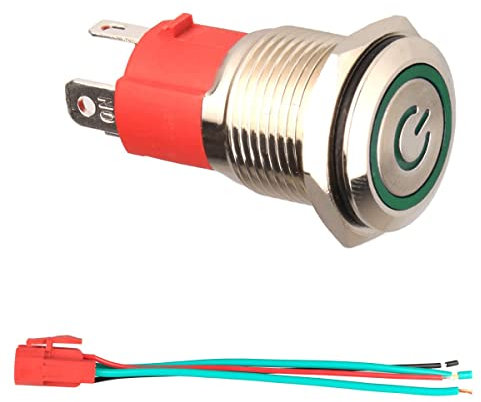 GUUZI Interruptor de Botón de Enclavamiento NO Luz LED Verde a Prueba de Agua Iluminado 19mm 12V-24V/15A Botón de Arranque de Energía de Metal con Cable de Enchufe
