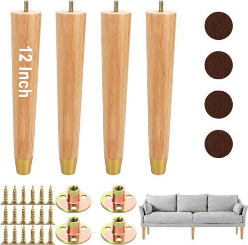 JMIATRY 4 Pack Wood Furniture Legs 12 Inch Wooden Table Legs 12 Inch with Gold Caps Tapered Wood Chair Legs 12 Inch Wooden Mid Century Legs Screw in Table Sofa Cabinet Dresser