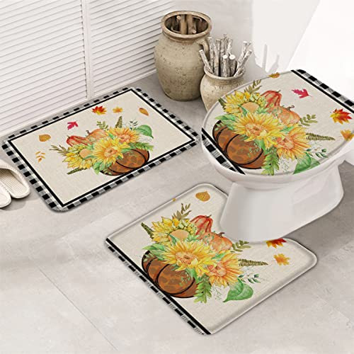 3 Stück Badgarnitur Vintage Kürbisse Mit Sonnenblumen Badteppiche Memory-Schaum U-Förmige Pad rutschfeste Toilettenbezug Für Badewanne, Wc, Neben Der Badewanne
