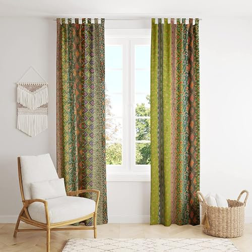 Sambhav Quilt Hub Handgefertigter Vintage-Sari-Stoff aus altem Seide, Patchwork-Farbe, handgefertigter Vorhang, Tür, Fenster, Vorhang-Set (grün, 2,4 m 243,8 cm)