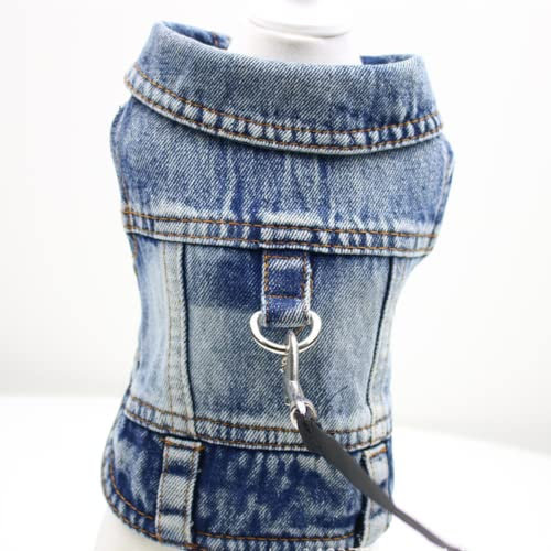 nnepia Giacca di jeans per cani con guinzaglio con anello a D, per passeggiate, in denim, con risvolto, gilet da cowboy, abiti per cani di taglia piccola e media (blu, S)