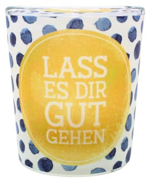 ***Windlichtglas mit Motiv auf Einer transparenten Banderole, inkl. 1 Teelicht, H/Ø: 6,5 x 6 cm, Motiv: Lass es Dir gut gehen.