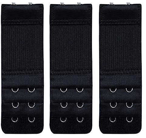 HUSAIHU 3 Pack Women's Bra Extenders, Bra Strap Extension 2 Hooks,Soft Stretchy Bra Back Extender,Elastic Bra Extension Straps Set With Stainless Steel 2Hooks x 3 Rows (Black)