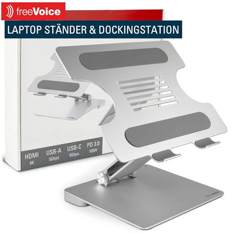 freeVoice Laptop Ständer I Höhenverstellbarer Laptopständer mit Dockingstation für HDMI, USB-A & USB-C I Gummierter Notebook Ständer mit Lüftung I Faltbare Halterung für Laptops 100W