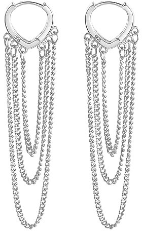 Silber 925 Creolen Ohrringe Kette Damen, Sterling Silber 925 Ohrringe Kette Boho Creolen Kleine mit Kette, Silber Ohrringe mit Anhänger Baumelnde Kleine Creolen mit Ketten Ohrringe Boho Damen Frauen