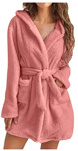 UnoSheng Peignoir pour femme en coton chaud – Peignoir moelleux avec capuche - Peignoir de sauna en tissu éponge - Longueur genou - Robe kimono - Doux et léger - Avec ceinture, Rose, XL