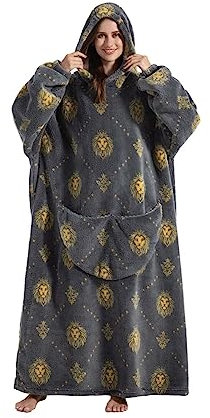 Lengthen Hoodie Decke, übergroß, ultraweich, warm, tragbar, Kapuzendecke, Sweatshirt, Einheitsgröße für alle Erwachsenen, Männer und Frauen, Grauer Löwe, One size