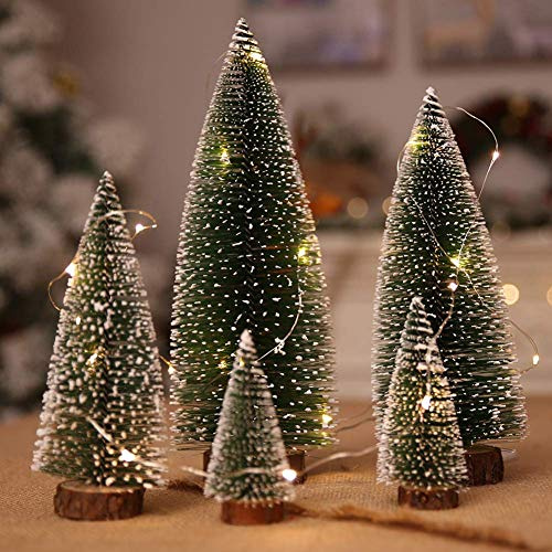 5 piezas Mini árboles de Nieve de Sisal 30cm 25cm 20cm 15cm 10cm Árbol de Navidad en Miniatura con Bases de Madera para la decoración de la Mesa de Fiesta de Navidad