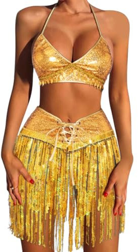 Flovel Gold Pailletten-Quastenrock-Set, Silvester Rave-Rock-Anzug, glitzernder Rock mit BH-Oberteil, Party-Kostüm-Outfits für Frauen und Mädchen