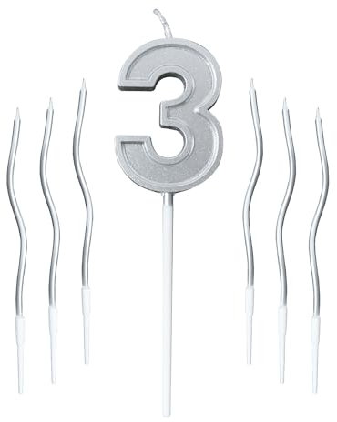 HXC Silber Geburtstagskerzen für Torte, Hochzeit, Party - Zahlen Kerze 3 - Rauchfrei, Umweltfreundlich, Mit Haltern - Kerzenset mit 7 Kerzen