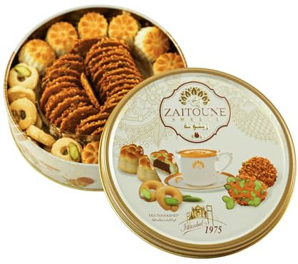 Zaitoune Premium Mini Mixed Cookies - 250 g | Bite-Sized Date Maamoul, Barazek & Ghraybeh Biscuit Mix | Handcrafted in Turkey | Beautiful Reusable Gift Tin | Perfect with Tea | Great Sharing Present