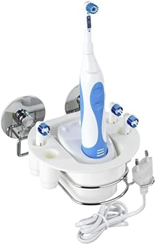 Mensola per Spazzolino Elettrico con Reggicavo e Porta Testine, in Plastica e Acciaio, 14.5x10cm, Bianco