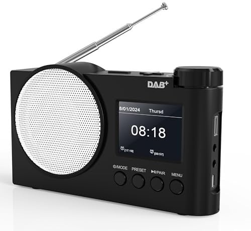 Portable DAB/DAB+ Digital Radio, FM Radio with Bluetooth 5.1, Battery & Mains Powered, 60 Presets, 2.4 Colour Display, AUX, USB, Earphone Jack, Alarm with Sleep Timer Function