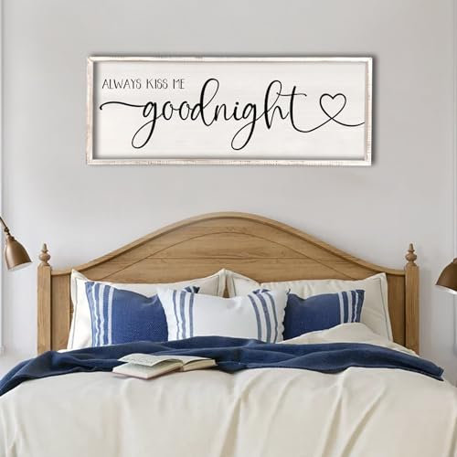 Wandschild Always Kiss Me Goodnight, großes Schlafzimmer für Wohnzimmer, Rahmen, Holz, modern als Geschenk für Jahrestage, Hochzeiten und Einweihungsfeiern, Wanddekoration (weiß)
