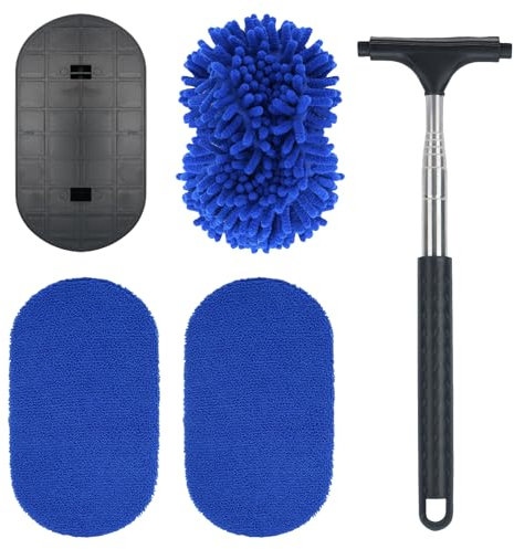 NIUQIGE Kit Pulizia Auto Spazzola per Finestre a 180° con 2 Panni in Microfibra, Pulitore per Vetri Auto, Kit Lavaggio Auto con Manico Estensibile. Ideale per Auto, Camper, Camion e Finestre Interni