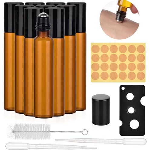 GGXZHT 10 Stück Roll on Flasche Leer 10ml, Roll on Glasflaschen für Ätherisches Öl, Nachfüllbar Rollon Flaschen mit Edelstahl-Ball für Parfüm, Duftstoff, Massage (Braune)