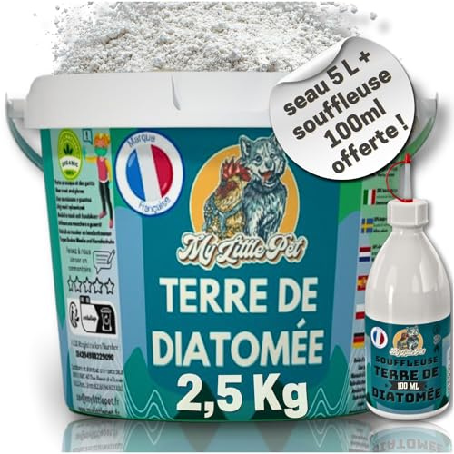 [2.5Kg Seau + Souffleuse 100ml] 100% Terre de Diatomée Alimentaire Blanche | Terre de Diatomée Punaise de Lit | Poudre de Diatomée Cafard | Terre de Diatomée (Seau 2.5Kg (5L) + Souffleuse 100ml)