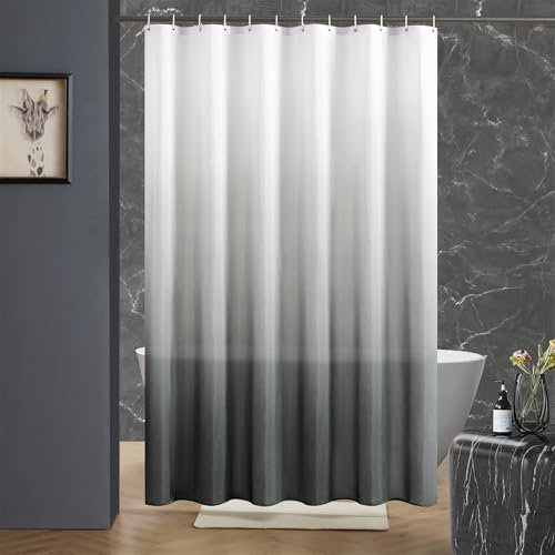 Furlinic Tenda da doccia 180 x 200 cm, in tessuto, impermeabile, antimuffa, lavabile, per bagno in vasca da bagno bianco dopo grigio, con 12 anelli per doccia.