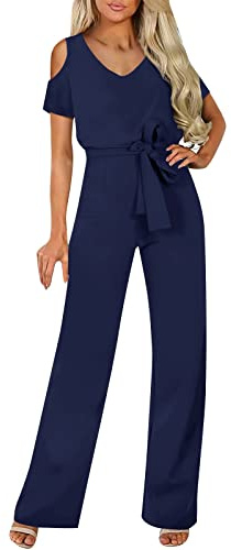 Damen Elegant Jumpsuit | O-Ausschnitt Lang Overall Hosenanzug Playsuit Romper mit Gürtel Festlich Weites Bein Playsuit