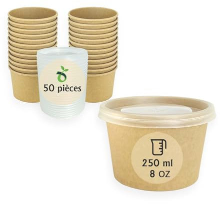 ECOPICNIC Lot de 50 gobelets à Soupe jetables de 250 ML avec Couvercle en PP, gobelets Alimentaires Marron avec revêtement en polyéthylène, Bol à Soupe avec Couvercle