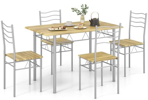 TANGZON Dining Table and 4 Chairs, 5 Pieces Wooden Kitchen Table and Chairs Set 4 with High Backrest, Metal Frame Space Saving Dining Set Furniture for Home Living Dining Room Bistro (Dark Natural)