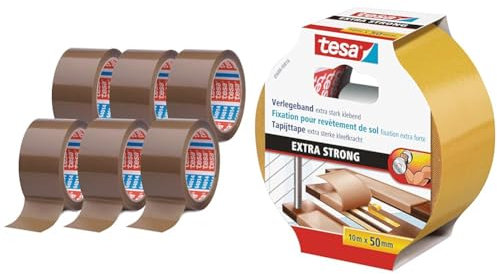 tesa pack 64014 im 6er Pack - Geräuscharmes Paketklebeband & Verlegeband extra stark klebend - Doppelseitiges Klebeband zum Verlegen von Teppich und PVC-Belag - doppelseitig klebend - 10 m x 50 mm