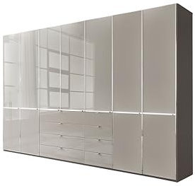 WIEMANN Drehtürenschrank mit 8 Schubkästen hochwertiger Kleiderschrank Schlafzimmerschrank 350cm breit, mit Schubladen, Glas Kieselgrau, Höhe 216cm, Shanghai