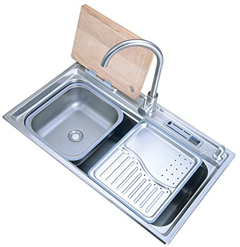 Fregadero individual grande de acero inoxidable, fregadero de cocina con isla central, fregadero de cocina con lavabo en lavabo, juego de grifo curvo grande