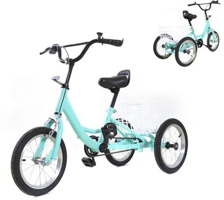 HUSPOO Dreirad für Kinder, Single Speed 3 Wheel Bike Tricycle mit Einkaufskorb, Kinderfahrrad Geschenk für Kinder, für Kinder von 5-6 Jahren mit Einer Größe von weniger als 130CM (Hellgrün, 14 Zoll)