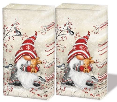 20 einzelne Taschentücher Weihnachten Niedlicher Zwerg mit Hase. 2 Packungen mit 10 einzelnen Papiertaschentücher bedruckt als Geschenk.
