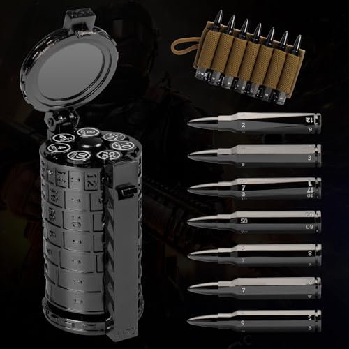 CZYY Gewehrkugel-Würfel-Set, solides Metall, 7 polyedrische Würfel-Set mit drehbarem Behälteretui und Patronenhaltergürtel, perfektes Rollenspiel-Würfel-Set für D&D, Tischspiele (schwarz lang)