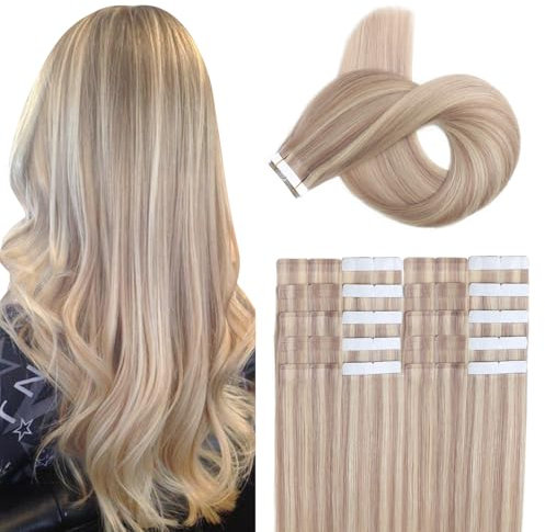 XDhair Tape Extensions Echthaar Ashblond Highlight Gebleichtes Blond 20pcs 50g 45cm Tape in Extensions Echthaar Seidig Gerade Remy Tape Haarverlängerungen (#18P/613-18)