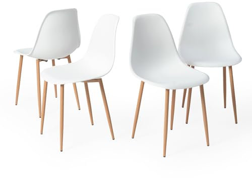 FurnitureR 4er-Set skandinavisches Esszimmerstuhlset, PP-Material Kissen+Eiche farbige Metallbeine, wasserdicht und leicht zu reinigen, geeignet für Esszimmer, Wohnzimmer, Küchen, weiß