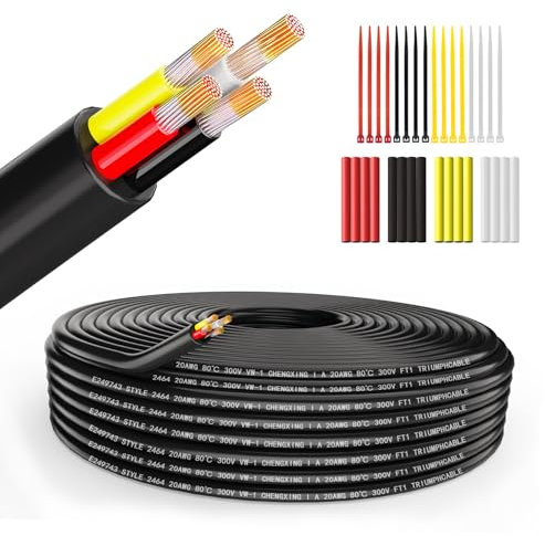 Wirelume 20AWG 4x0,5 mm² Cavo elettrico Filo a 4 conduttori 5V/12V/24V Fili di alimentazione in PVC intrecciato 30FT/9,14M Cavo in rame stagnato a bassa tensione guaina tonda parete sottile
