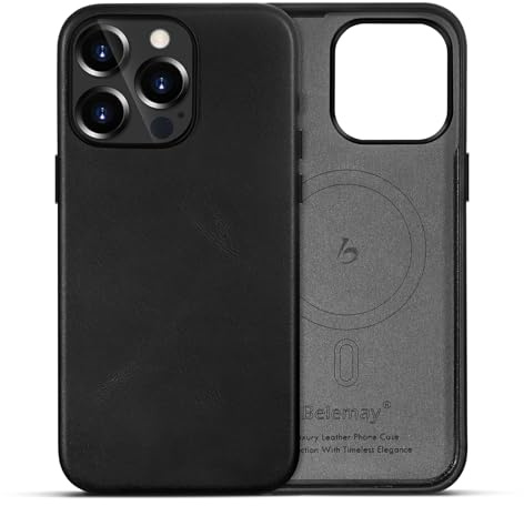 Belemay Pflanzlich gegerbte Ledertasche für iPhone 12 Pro Max, klassisches | Kompatibel mit MagSafe, edlem Vollnarbenleder, natürliche Patina, glatte und weiche Haptik, Metallknöpfe und erhöhte