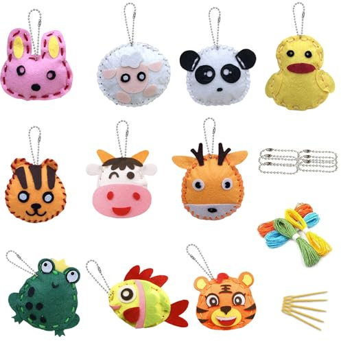 YCHYAN 10 Stück Nähen Kinder, Nähset DIY Filz Nähen Tiere Bastelset für Kinder, Felt Sewing Kit Craft Set Children, Mit Vorgeformten Löchern, Tierformen Animal Sewing, Geeignet für Anfänger