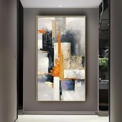 Rumlly Grande peinture sur toile texturée moderne abstraite géométrique orange, tableau d'art mural vertical, décoration de salon, porche, entrée, cadre 50x100cm