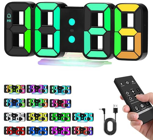 3D LED Digitalwecker, LED Wanduhr, 3D Wecker Mit 4 Helligkeitsstufen, 14 Rgb Farbwechsel, 3D LED Digitaler Wecker, Digital Uhr, Digitale Wanduhr,12/24 Stunden, Schlummermodus Mit Fernbedienung