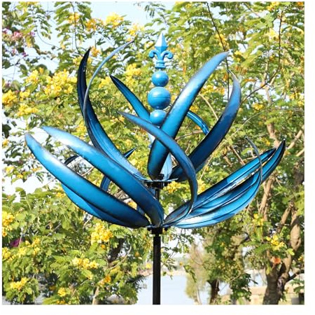 Moulin à vent d'extérieur en métal avec piquet, moulin à vent en fer rotatif vibrant pour décoration de jardin, bleu, 30 x 30 x 90 cm
