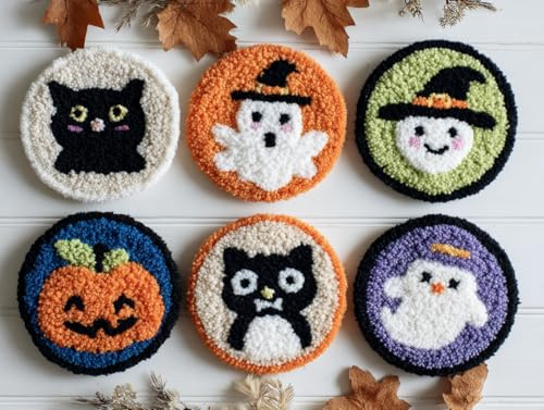 6PCS Punch Needle Coaster Kit Hapyy Halloween Easy for Beginners Stress Relief Craft Set with Hoop Yarn & Patterns DIY Embroidery Mug Rug Kit for Adults Kids Home Decor