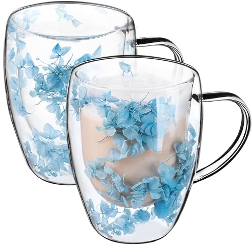 KADAX Bicchieri da caffè a doppia parete, 350 ml, set da 2 pezzi, per tè e caffè, in vetro borosilicato, tazza da caffè con fiori secchi, tazza da tè (blu)