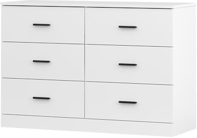 6 Drawers Dresser Wooden Large Size chest of drawers with Handle Storage Organizer Unit Heavy Duty Bedroom Living Room Furniture (White)