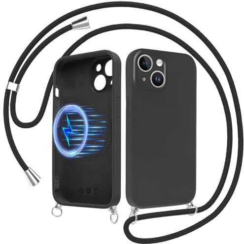 Doxxvai Coque avec Cordon pour iPhone 13, Magnétique Compatible avec MagSafe, Étui Collier Cordon Ajustable, Case Lanière Amovible Antichoc, Protection Complète pour iPhone 13, Noir