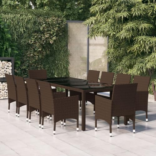 Holamys Salon de jardin 11 pièces en polyrotin marron, résistant aux intempéries, avec 10 chaises de jardin confortables, grande table à manger en verre trempé, cadre en acier robuste
