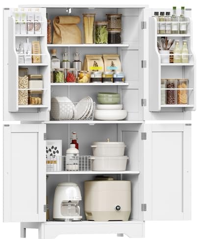 TEENFON Mobile Dispensa Cucina larghezza 60 cm, Armadio 4 Ante altezza 130 cm con Ripiani Regolabili e Portaspezie Integrata, Credenza Alta per Cucina, Soggiorno, Bianco
